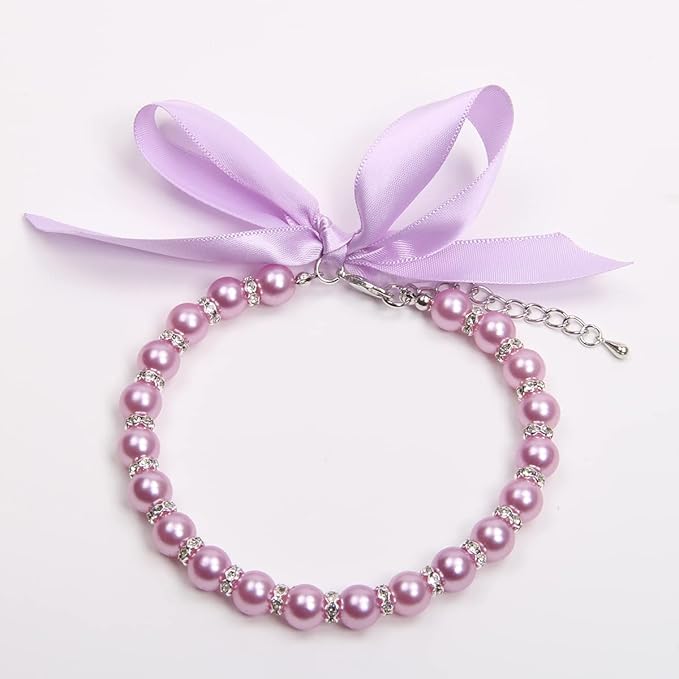 Dog Cat Pearls Necklace Collar with Bling Accessories and Ribbon Bow Pet Puppy Jewelry for Female Dogs Cats Small Medium (M, Purple)