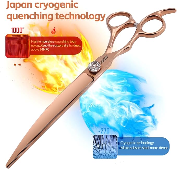 Rose Gold Titanium Professional Left Handed Curved Dog Grooming Scissors 8'' Downward 30° Japan 440C Pet Grooming Trimming Shears for Large Dog Poodle(8,Curved)