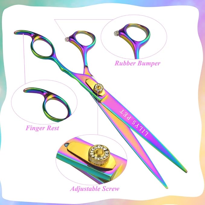 LILYS PET HIGH-END SERIES 8-Inch Japan 440C Rainbow Color Pet Grooming Straight Cutting Scissors,Dog Cat Straight Scissors,Dog Cat Grooming Scissors