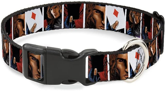 Marvel Comics Pet Collar, Dog Collar Plastic Buckle, X Men Gambit Cards Pose Blocks, 9.5 to 13 Inches 1.0 Inch Wide