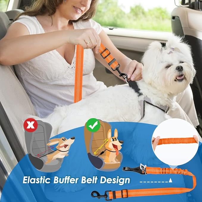 Lukovee Dog Seatbelt Leash for Cars, 2 Pack Pet Safety Car Seat Belt with Adjustable Buckle & Reflective Bungee, Connect Dog Harness in Vehicle Car Dogs Restraint Travel Daily Use (Orange)