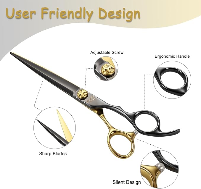 7'' Professional Straight Dog Grooming Scissors with Decorative Screw Sharp and Durable Black and Gold 440C Stainless Steel Dog Shears Easy Use for Groomers and Home user.