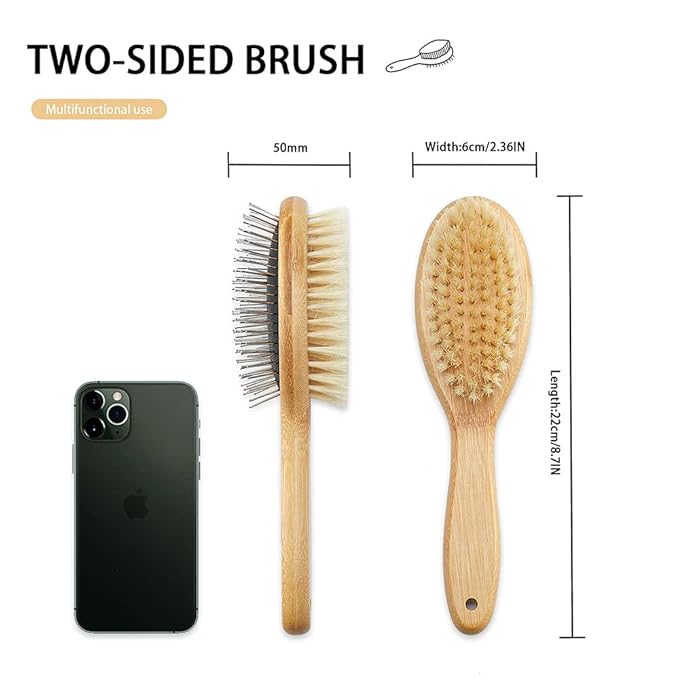 Dog Brush Cat Brush, Double Sided Bristle and Pin Pet Brush for Dog Grooming, Real Boar Bristle Shedding Brush with Bamboo Handle for Long Short Hair, 4 Pack Dog Comb, Black+Yelbow