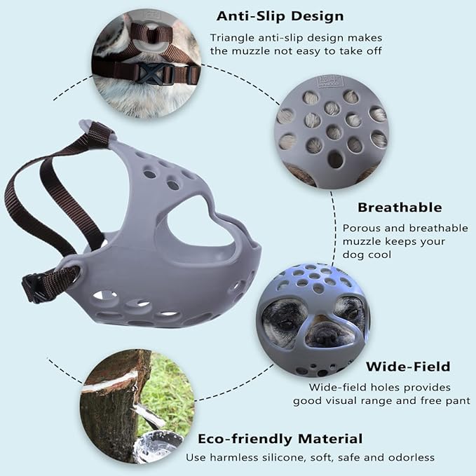BARKLESS Dog Muzzle for Short Snout Dogs, Soft Silicone Muzzle for Biting, Chewing, Licking for French Bulldog Shih Tzu, Ideal for Flat-Faced Aggressive Dogs Grooming Walking, Allows Drinking