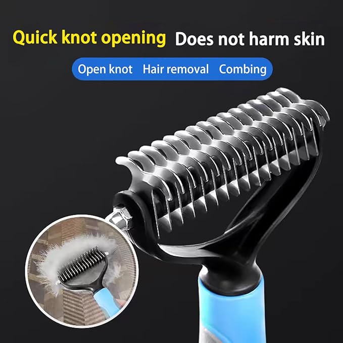 Pet Dematting Tool 2 Pack Double Sided Undercoat Rake & Dematting Comb for Cats and Dogs for Detangling Matted or Knotted Undercoat Hair (Blue & Black, Large)