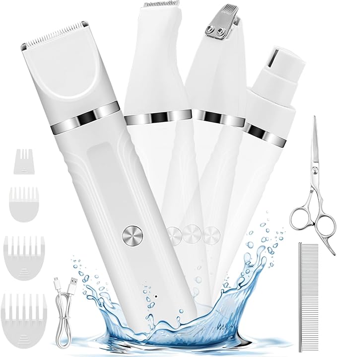 4 in 1 Dog Grooming Kit, Cordless Dog Clippers for Grooming, Low Noise Paw Trimmer Electric, Cat Hair Clippers Kit with Nail Grinder, Rechargeable Pet Hair Shaver for Small & Large Cat Pet