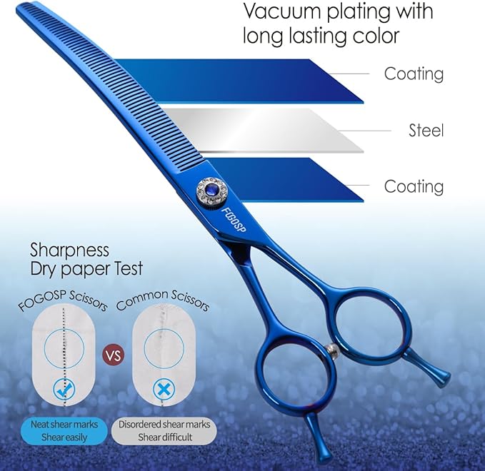 Professional Curved Thinning Shears Dog Grooming Scissors 7.25'' Blue Curved Blender Shears for Grooming Large Dogs Pet 66 Teeth Japan 440C(Curved Thinning)