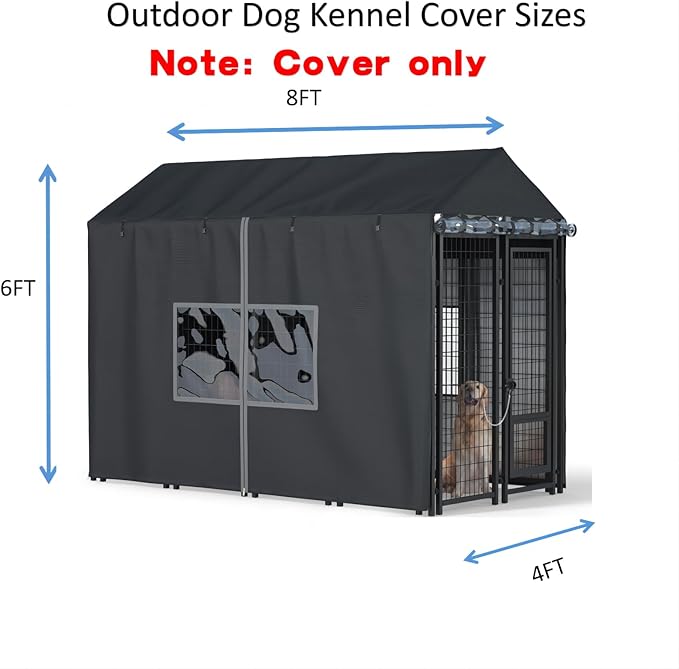 Outdoor Dog Kennel Cover - Full Coverage for 8'Dx4'Wx6'H Dog Cages, 600D Heavy Duty Waterproof Kennel Cover, Black