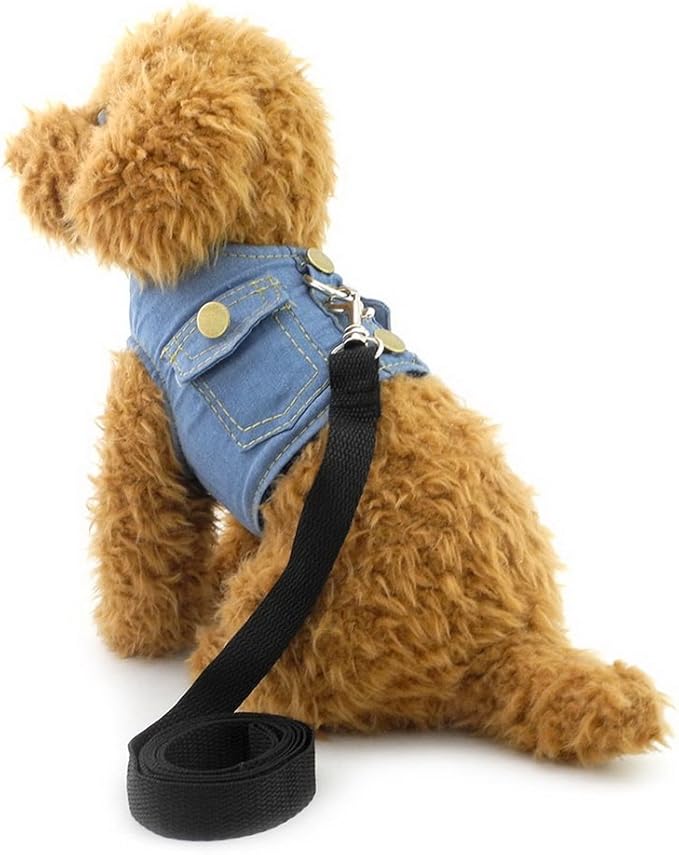SMALLLEE_LUCKY_STORE Small Dog Cat Denim Jacket Vest with D-Ring Puppy Harness and Leash Set Escape Proof No Choke Soft Mesh Padded,Light Blue S