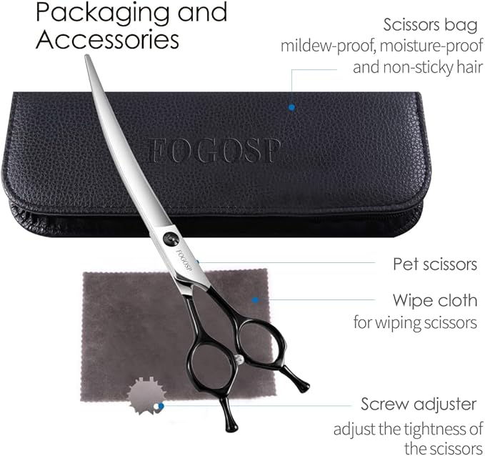 Curved Dog Grooming Scissors Professional 7" Grooming Shears for Dogs Pet Right Handed Groomer Japan 440C Stainless Steel (7 in Curved, Black)