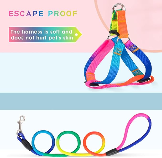 PetsHome Dog Harness & Leash Set Adjustable No Pull Safe Nylon Pet Harness with Leash for Outdoor Walking for Dogs Medium Rainbow