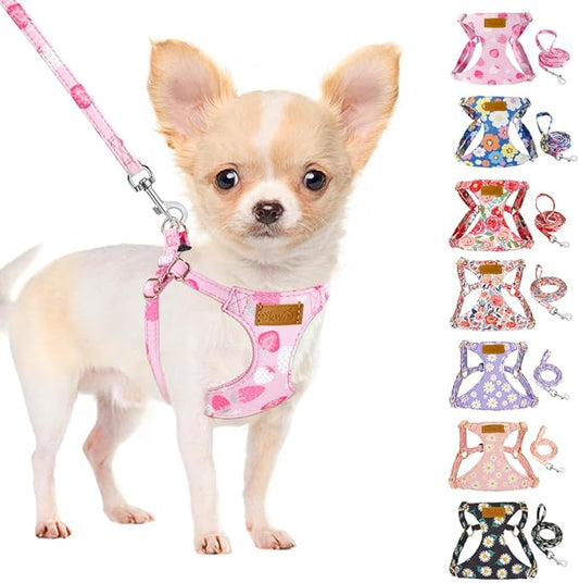 SlowTon No Pull Dog Harness with Leash - Soft Lightweight Floral Pattern Puppy Harness, Adjustable Pet Harness for Small Medium Dogs (Strawberry XS)