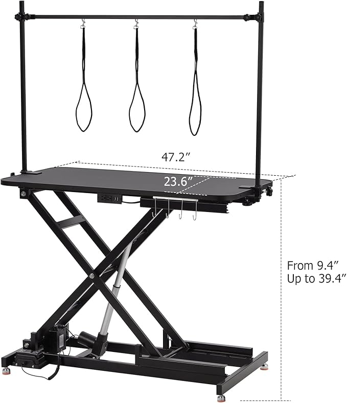 47" Electric Dog Grooming Table - Heavy Duty, Height Adjustable Pet Grooming Table w/Leveling Wheels, Dog Grooming Arm, Non-Slip Rubber Surface, Max Load 264 Lbs, Black