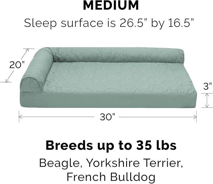 Furhaven Orthopedic Dog Bed for Medium/Small Dogs w/ Removable Bolsters & Washable Cover, For Dogs Up to 35 lbs - Pinsonic Quilted Paw L Shaped Chaise - Iceberg Green, Medium