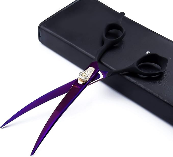Dream Reach 7.0 inches Professional Decompressed Elastic Handle Pet Grooming Scissors Set,Straight & Chunker & 2 Curved Scissors 4pcs Set for Dog Grooming (Purple) (4PSC Set)