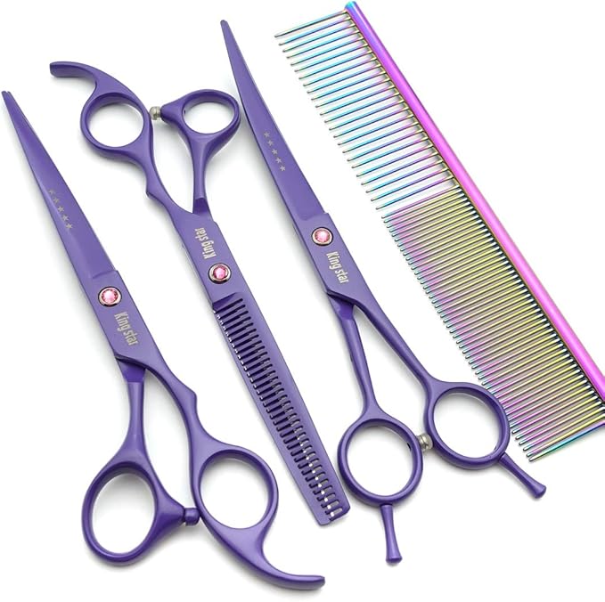 7.0in. Matt Purple Professional Pet Grooming Scissors Set,Straight & Thinning & Curved Scissors Set with Comb,case,A429