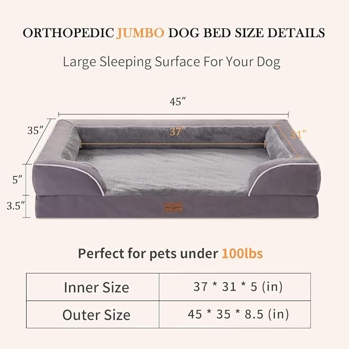 Jumbo Dog Bed for Extra Large Dogs, Jumbo Breed Waterproof Orthopedic Dog Bed, PV Washable Dog Sofa Bed with Removable Cover & Non-Slip Bottom(Jumbo,Purple)