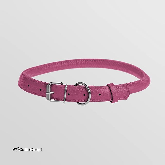 CollarDirect Rolled Leather Dog Collar, Soft Padded Round Puppy Collar, Handmade Genuine Leather Collar Dog Small Large Cat Collars 13 Colors (13-16 Inch, Pink Textured)