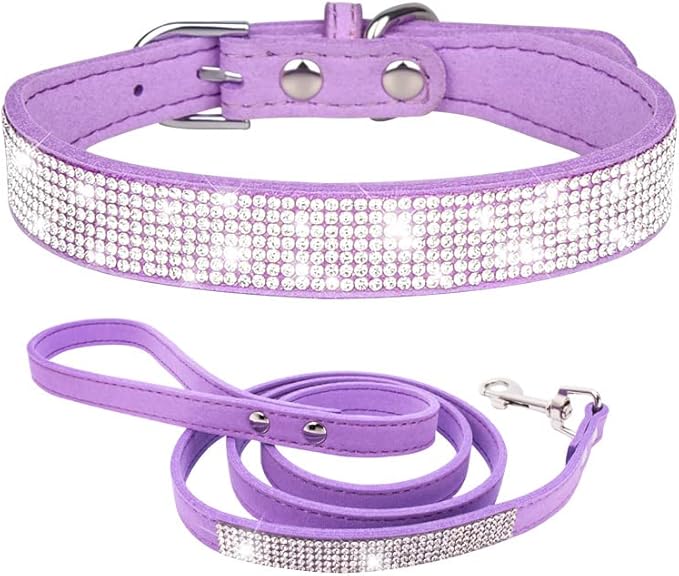 Bling Small Dog Collar Leash Set, Puppy Collar with Rhinestone Crystal Diamond Glitter Female Girls Cat Collars for XXS XS Small Medium Large Dogs Chihuahua Poodle Yorkshire (Purple M)