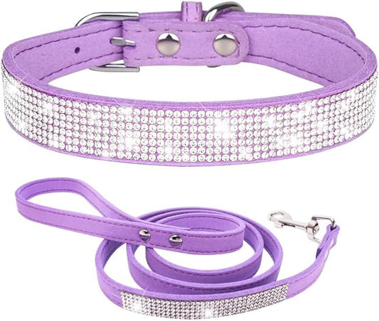 Bling Small Dog Collar Leash Set, Puppy Collar with Rhinestone Crystal Diamond Glitter Female Girls Cat Collars for XXS XS Small Medium Large Dogs Chihuahua Poodle Yorkshire (Purple M)