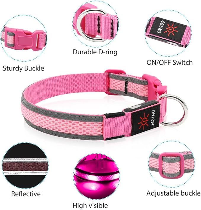 BSEEN Light Up Dog Collar - Glow in The Dark LED Dog Collar Rechargeable, Reflective Puppy Collar, Dog Camping Gear Dog Collar Light for Night Walking (Medium, Pink Ⅱ)