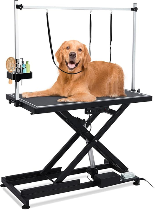 PullaFun 50" Professional Dog Grooming Table,Heavy Duty X-Type Electric Lift Large Pet Grooming Table w/Aluminum Dog Grooming Arm,Anti Slip Tabletop,Tool Organizer/Dog Grooming Station(Black, 50")