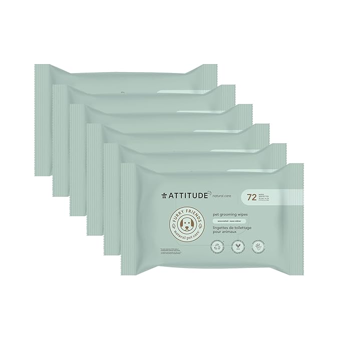 ATTITUDE Pet Grooming Wipes, Plant and Mineral-Based Ingredients, Vegan and Cruelty-Free Biodegradable Products, Unscented, 72 count (Pack of 6)
