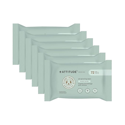 ATTITUDE Pet Grooming Wipes, Plant and Mineral-Based Ingredients, Vegan and Cruelty-Free Biodegradable Products, Unscented, 72 count (Pack of 6)