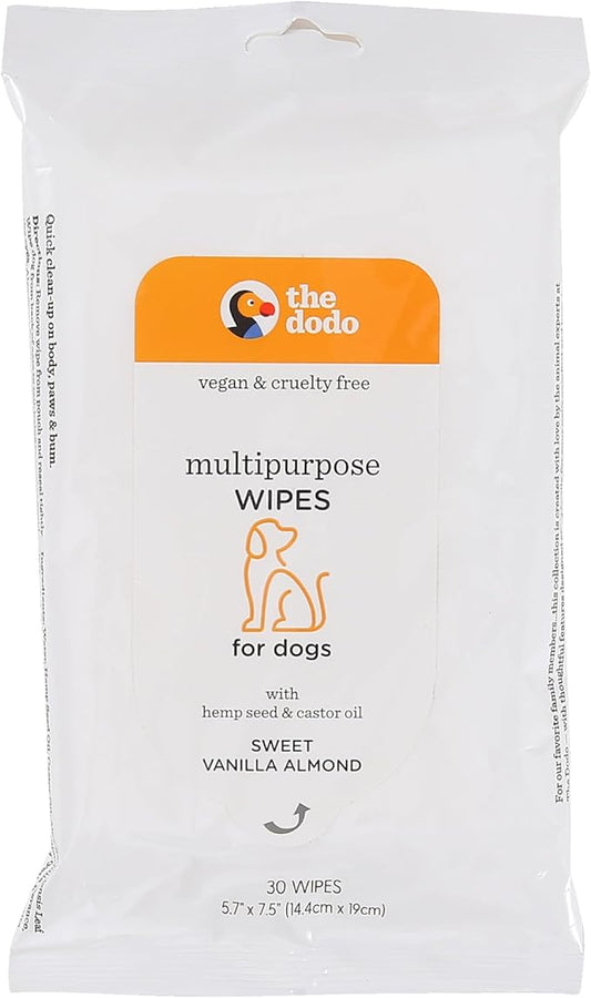 The Dodo Multipurpose Wipes for Dogs, Sweet Vanilla Almond with Hemp Seed and Castor Oil; Easy Wipes for Dogs, Waterless Grooming Supplies