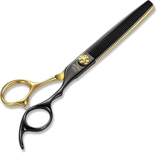 Black & Gold Professional Thinning Dog Grooming Scissors with Decorative Screw Sharp and Durable Japanese 440C Stainless Steel Pet Cat Texturizing Thinner Shears with Safe Round Tip 7.5''