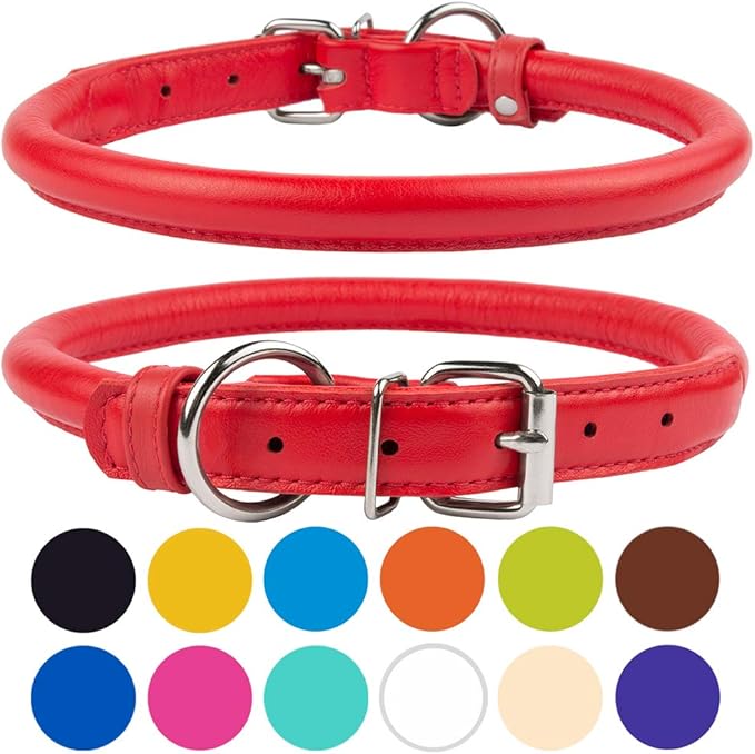 CollarDirect Rolled Leather Dog Collar, Soft Padded Round Puppy Collar, Handmade Genuine Leather Collar Dog Small Large Cat Collars 13 Colors (6-7 Inch, Red Textured)