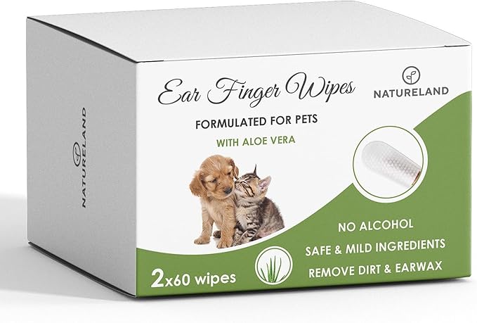 Natureland [60 pcs Finger Wipes] Dog & Cat Ear Finger Wipes - Otic Cleaning Wipes for Infections and Controlling Ear Infections and Ear Odor in Pets (120)