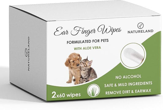 Natureland [60 pcs Finger Wipes] Dog & Cat Ear Finger Wipes - Otic Cleaning Wipes for Infections and Controlling Ear Infections and Ear Odor in Pets (120)