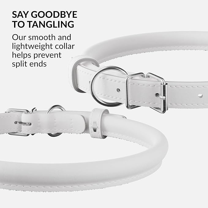 CollarDirect Rolled Leather Dog Collar, Soft Padded Round Puppy Collar, Handmade Genuine Leather Collar Dog Small Large Cat Collars 13 Colors (13-16 Inch, White Smooth)