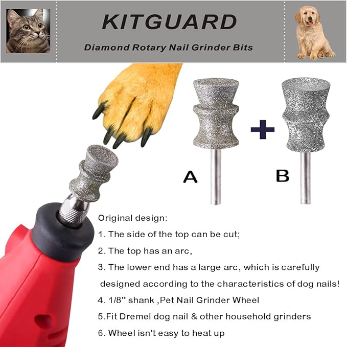 Diamond Dremel Dog Nail Grinder Bits for Rotary Tool-1/8'' Dremel Dog Nail Grinder Attachment-Pet Nail Grinder Bit Work for Animals Nail Care 2-Pack (A&B)