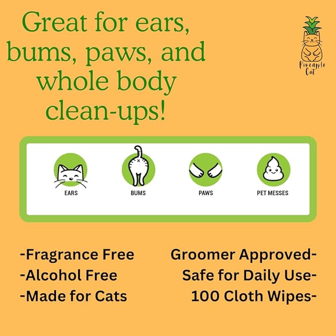 Pineapple Cat Grooming Wipes - Gentle Cat Cleaning Wipes - Hygienic Grooming Tool for Cats Ears, Paws, Bum, and Fur