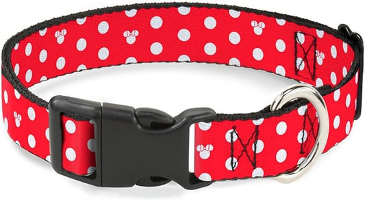 Buckle-Down Plastic Clip Collar - Minnie Mouse Polka Dot/Mini Silhouette Red/White - 1.5" Wide - Fits 18-32" Neck - Large