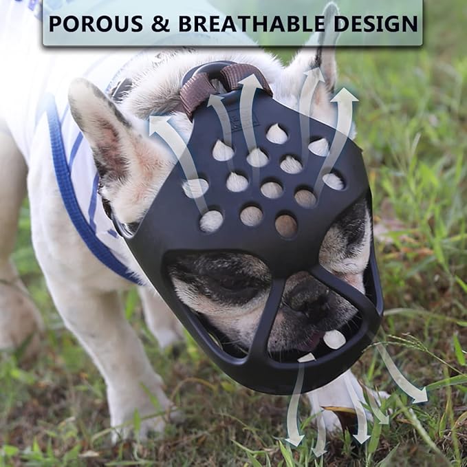 BARKLESS Dog Muzzle for Short Snout Dogs, Soft Silicone Muzzle for Biting, Chewing, Licking for French Bulldog Shih Tzu, Ideal for Flat-Faced Aggressive Dogs Grooming Walking, Allows Drinking