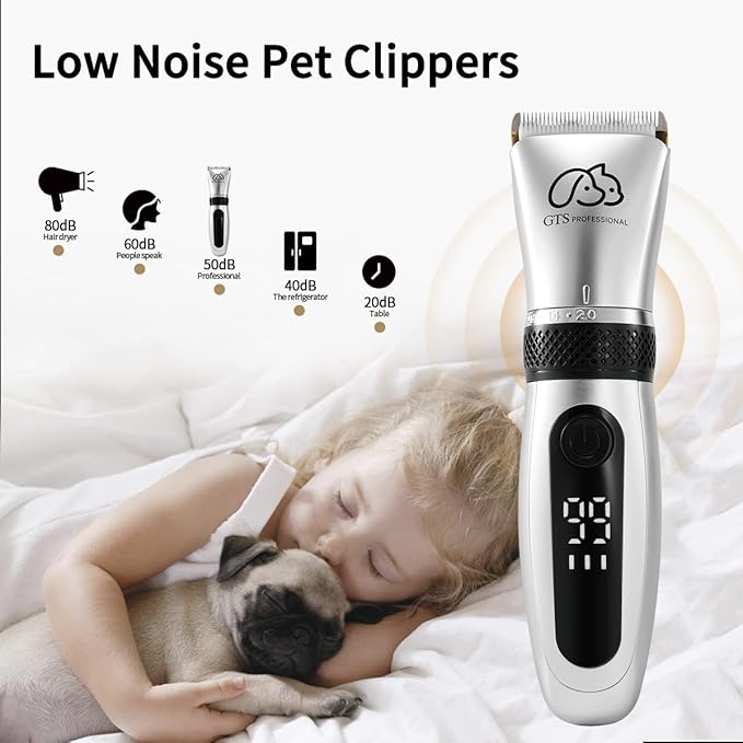 GTS Pet Clippers Professional Dog Grooming kit Adjustable Low Noise High Power Rechargeable Cordless Pet Grooming Tools, Hair Trimmers for Dogs and Cats, Washable（IPX5, with LED Display.