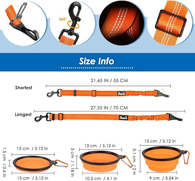 Lukovee Dog Seatbelt Leash for Cars, 2 Pack Pet Safety Car Seat Belt with Adjustable Buckle & Reflective Bungee, Connect Dog Harness in Vehicle Car Dogs Restraint Travel Daily Use (Orange)