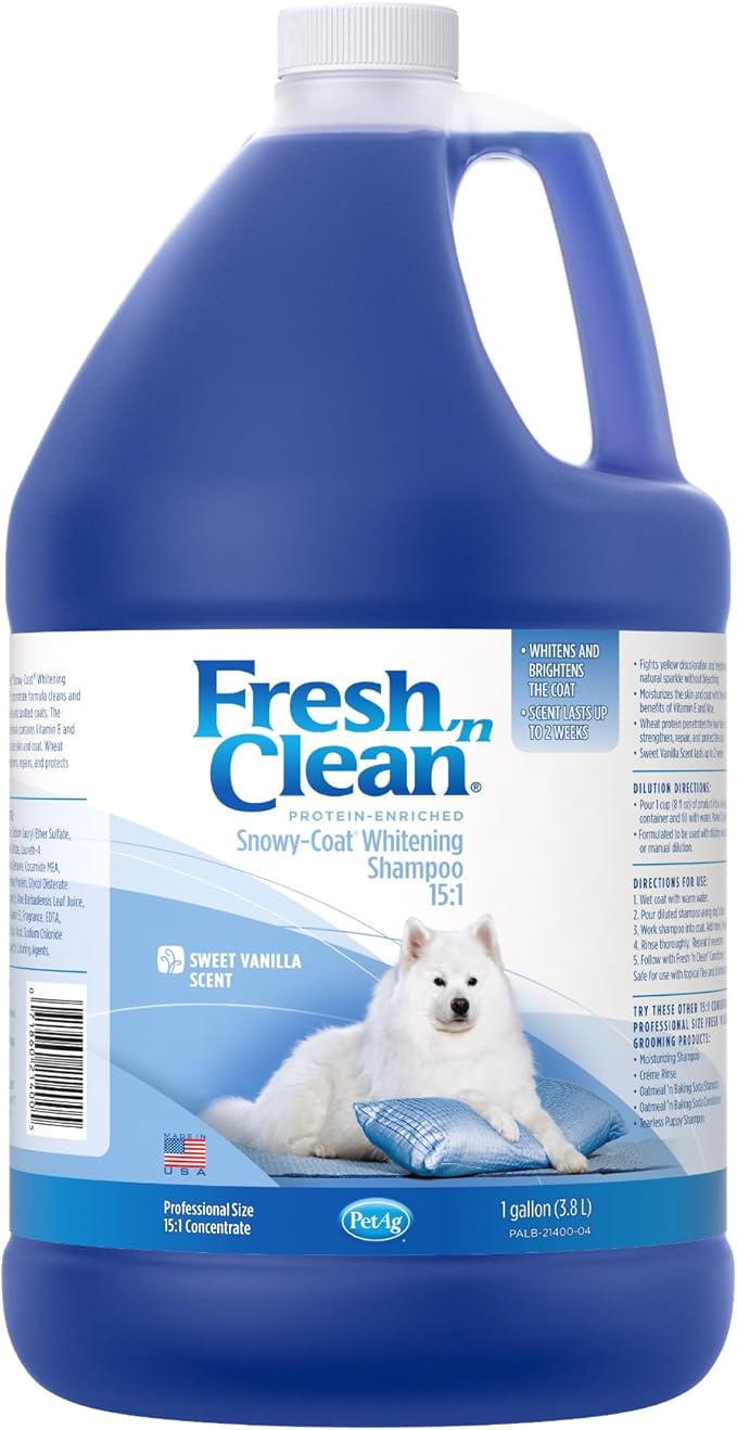 PetAg Fresh ’n Clean Whitening Snowy-Coat Shampoo, Vanilla Scent (15:1 Concentrate) - 1 Gallon - Bleach-Free Formula to Correct Yellow Discoloration - Strengthens & Moisturizes Coats - Soap Free