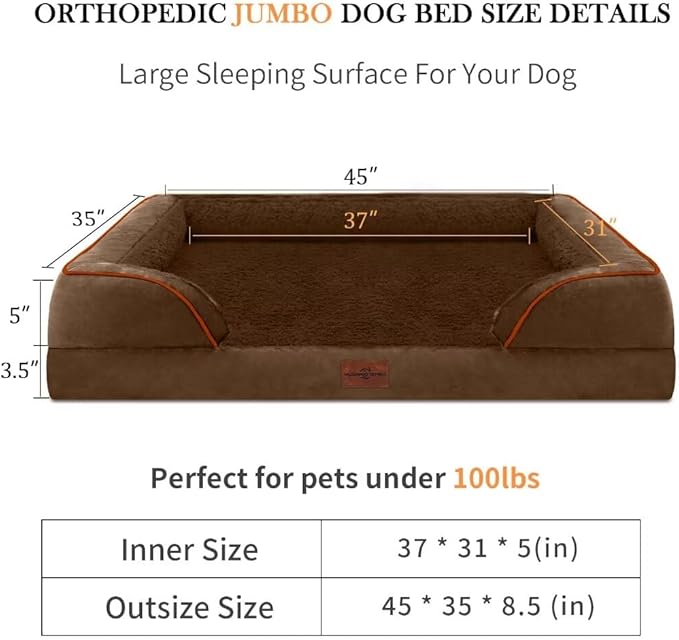 Orthopedic Jumbo Dog Bed for Extra Large Dogs, Jumbo Breed Waterproof Dog Bed, PV Washable Dog Sofa Bed with Removable Cover & Non-Slip Bottom(Jumbo,Chocolate Brown)