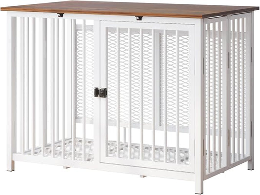 Heavy Duty Dog Crate Furniture, Fully Assembled exc. Locks, All Metal Frame & Wooden Tabletop, Modern Kennel for Small/Medium Dog, Sturdy, Foldable, End Table, White/Rustic Brown