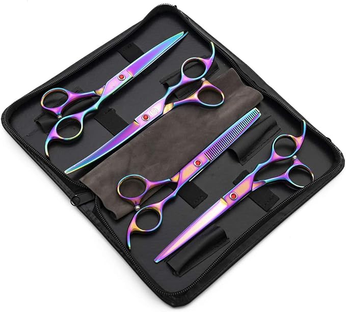 Moontay Professional 7.0" Dog Grooming Scissors Set, 4-pieces Straight, Upward Curved, Downward Curved, Thinning/Blending Shears for Dog, Cat and Pets, JP Stainless Steel, Multicolour