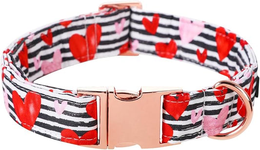 Lionet Paws Valentine Day Dog Collar, Heavy-Duty Cute Red Heart Pattern Fabric Pet Collar with Metal Buckle Necklace for Puppy and Cats Gift, X Small, Neck 8-12 inches