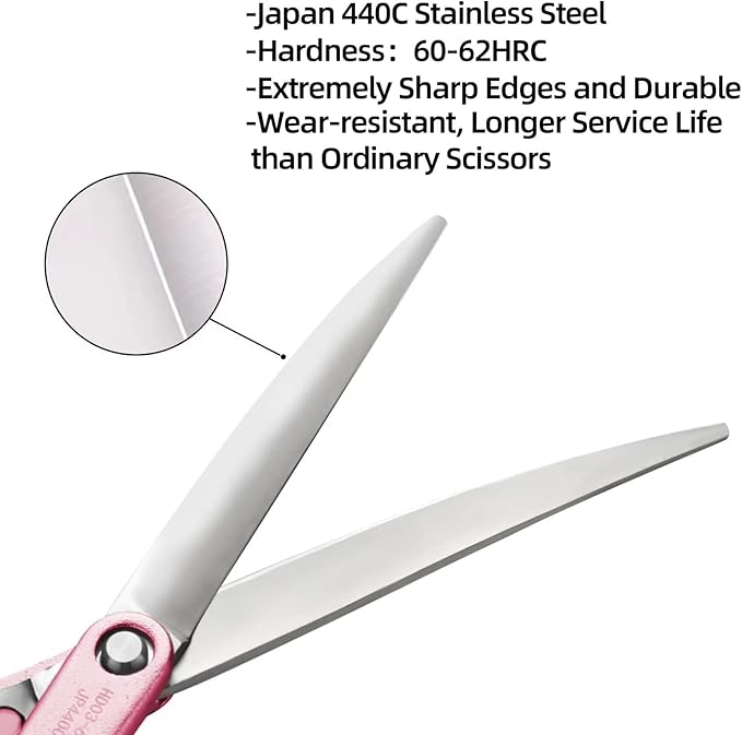 6.5" Curved Grooming Scissors for Dogs 440C Stainless Steel Professional Dog Grooming Scissors with Ultra-Light Aeronautical Aluminum Handle (Pink-Curved)