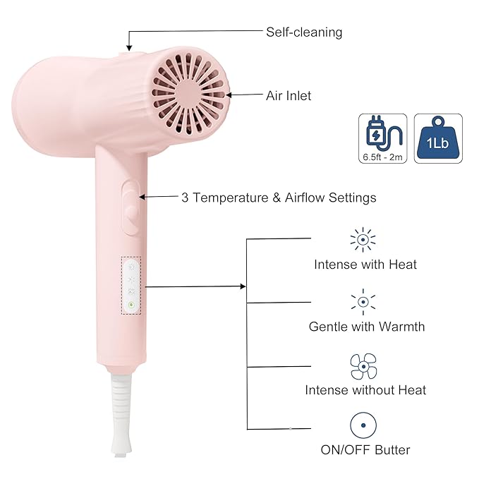 L&W BROS. Low Noise Pet Hair Dryer with Slicker Brush, Overheating Protection, Adjustable Temperature for Grooming (Pink)