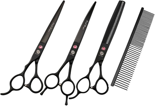 Purple Dragon 7.0" Left Handed Dog Grooming Hair Cutting Scissor &Curved &Thinning Shear with Bag - for Mancinism Pet Groomer or Family DIY (Black)