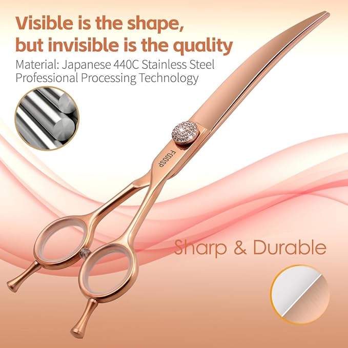 Rose Gold Titanium Curved Dog Grooming Scissors Reverse 7'' Downward 30° with Jewelled Screw Japan 440C Professional Pet Grooming Trimming Shears for Dogs Suzhi Teddy(7,Curved)