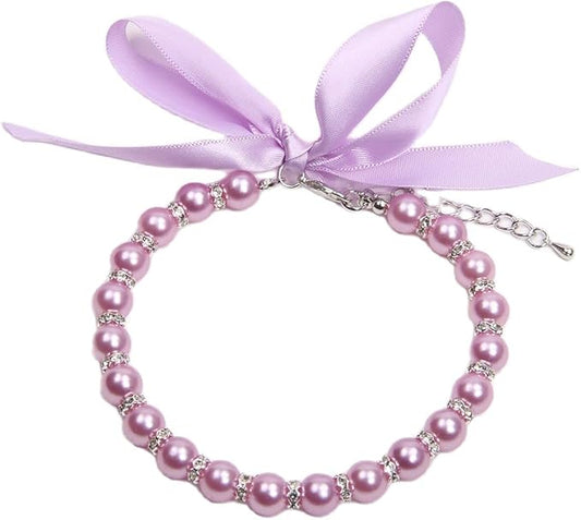 Dog Cat Pearls Necklace Collar with Bling Accessories and Ribbon Bow Pet Puppy Jewelry for Female Dogs Cats Small Medium (L, Purple)